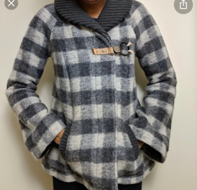 Free People Wool Coat Jacket Shacket Buffalo Plaid Sz 6 Gray Shawl Collar