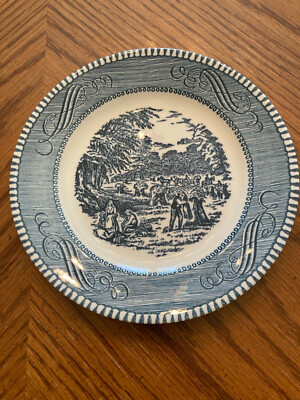 Currier & Ives Blue and White Wheat Harvest Dessert Plate ~6.35'' Diameter