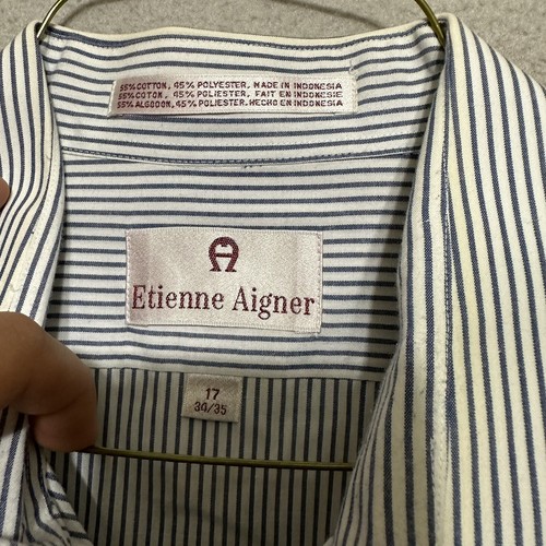 Etienne Aigner Mens 17 34/35 Button Up White Blue Stripe Dress Shirt - Picture 4 of 9