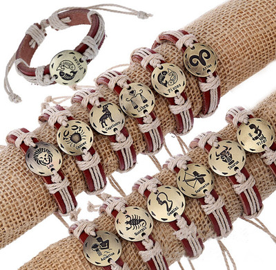 Lot 12pcs Punk Alloy ROUND Gold 12 Constellations Hemp