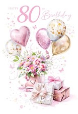 Happy 80th Birthday Card Cherry Orchard Female Balloons Flowers Floral Presents
