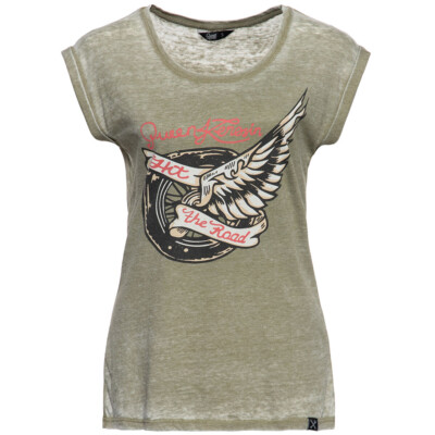 Queen Kerosin T-Shirt - Hit The Road Wheel Oil Green Biker Rockabilly Vintage