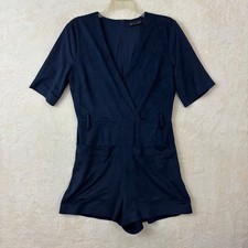 Zara Trafaluc Womens L Dark Blue Romper Short Sleeve Faux Suede Zipper (no Belt)