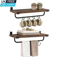 Set of 2 Wall Mounted Floating Shelf Coffee Mug Hooks Towel Rail Storage Holder