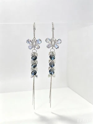 925 Sterling Silver Butterfly Dangle Drop Earrings Clear Crystal Teardrop Hook - Image 1 of 4