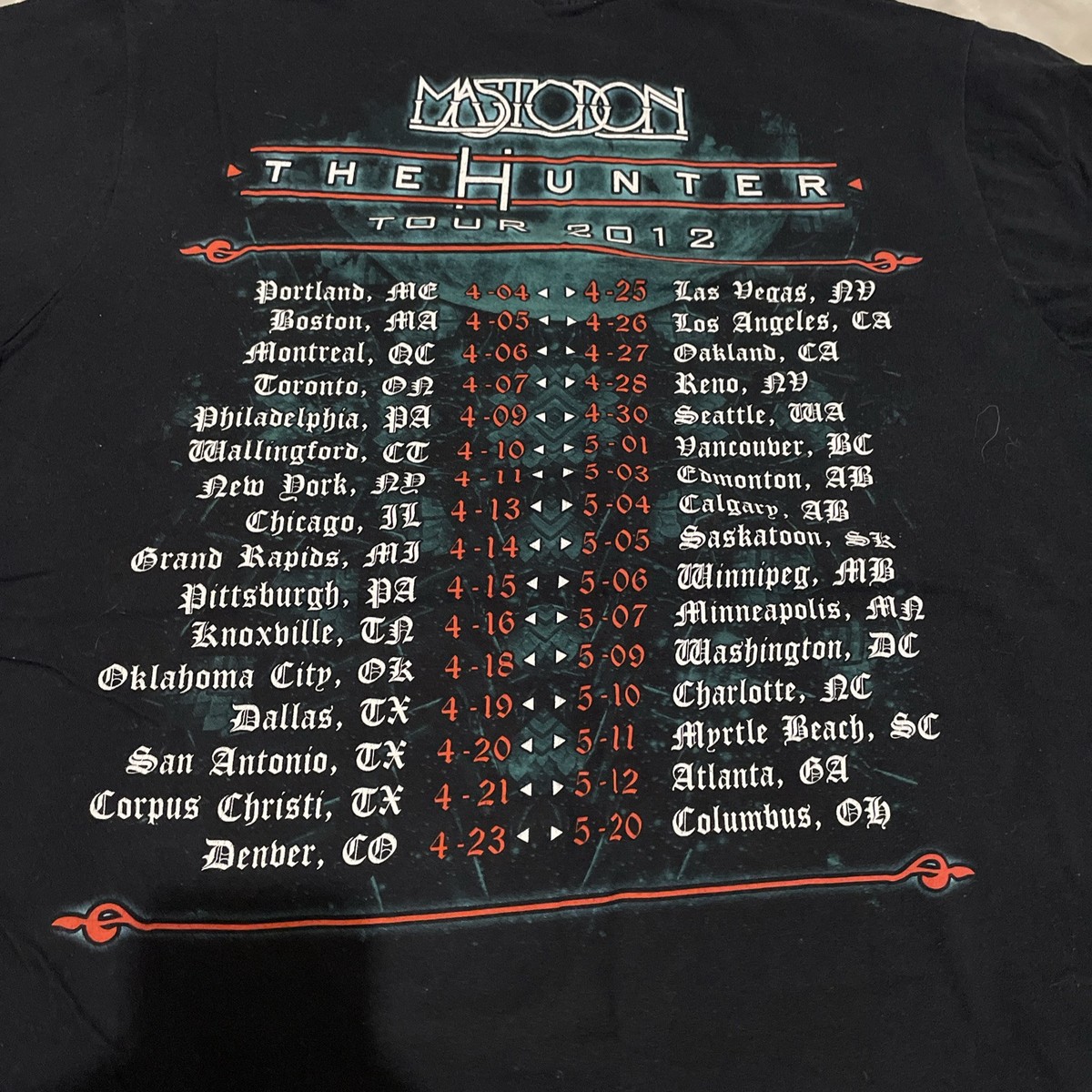 Mastodon 2012 The Hunter Tour Shirt April May Date Black S/M