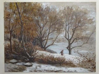 Winterliche Waldlandschaft mit Holzsammlerin Aquarell Zeichnung 1890