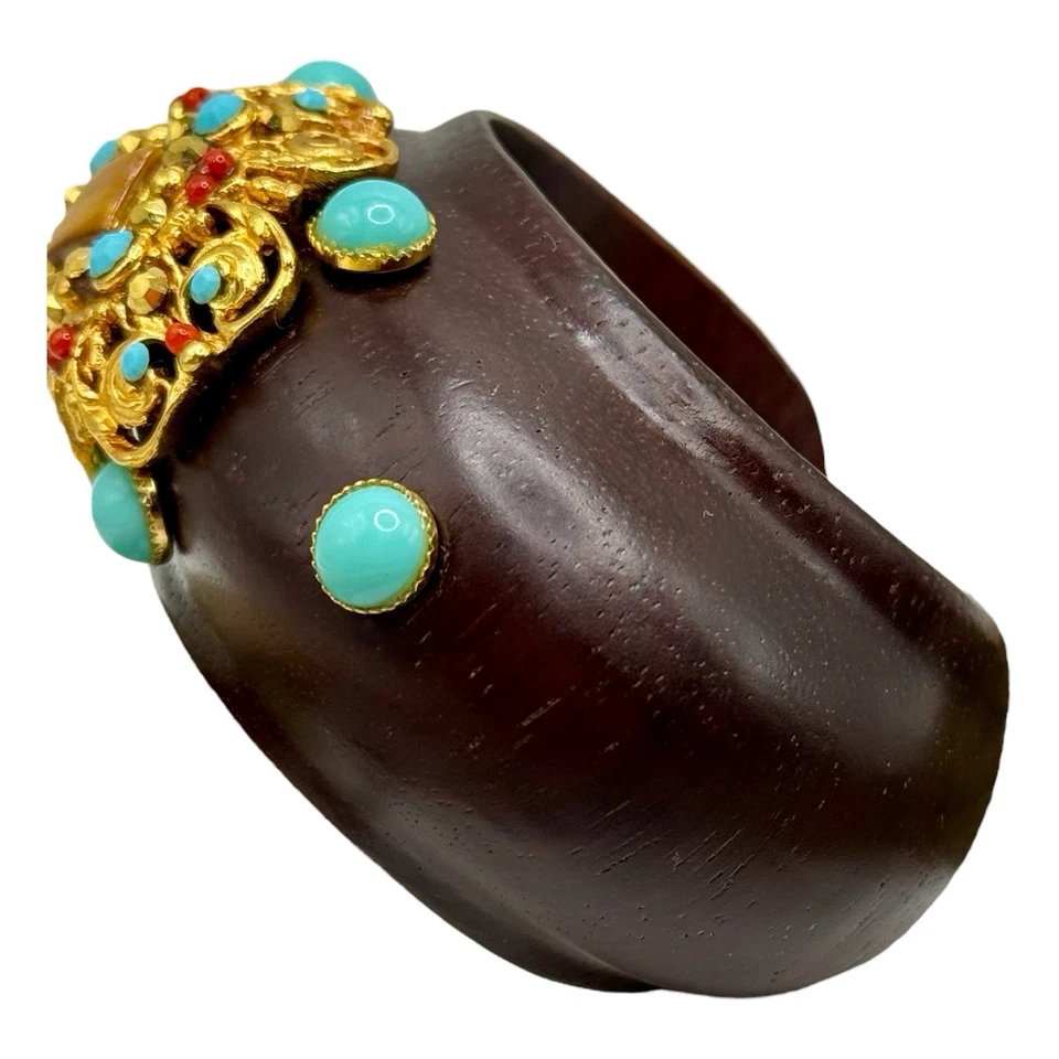 Brazalete Madera Barrera Vintage Filigrana Dorada Turquesa Cabujón Ojo de Tigre Foto 2 de 4