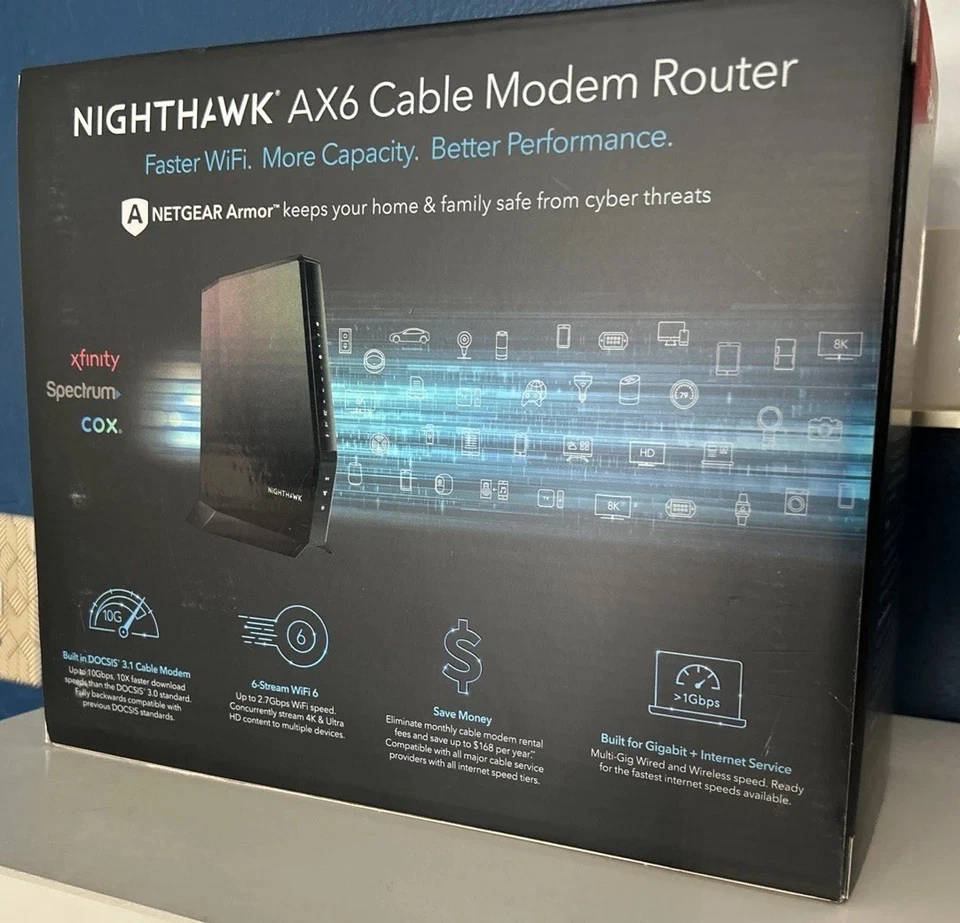 Router moderno NETGEAR Nighthawk AX6/6 Stream WiFi 6 cables Foto 4 de 4