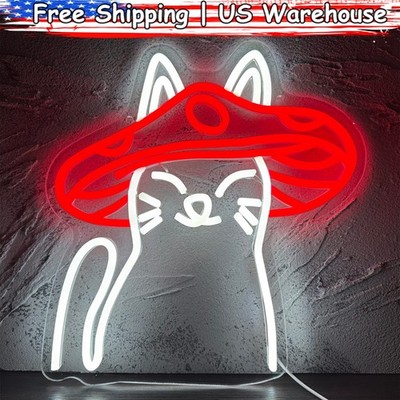 Mushroom Cat Neon Sign Cute Red Hat LED Lights Up Signs for Room Bar Party