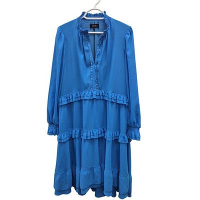 ME+EM Kleid Damen 10 blau Trapez Swing Midi Langarm hochgeschlossen Rüschen gefüttert