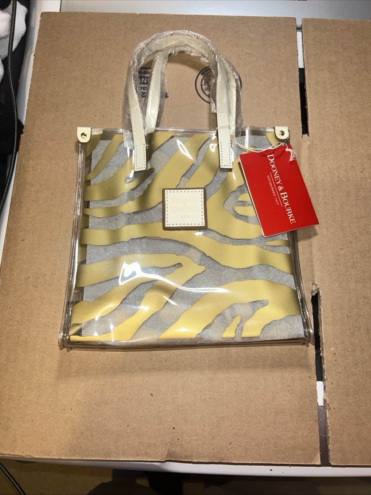 Vintage DOONEY & BOURKE Clear Plastic/Leather/Gold Zebra Print Lunch Bag/Tote