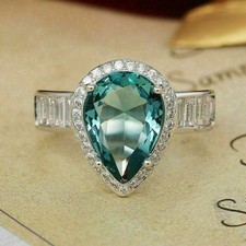 3Ct Pear Cut Aquamarine Halo Women's Engagement Ring 14K White Gold Finish