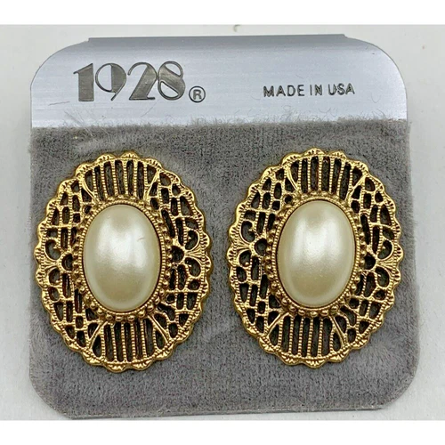 Vintage NWT Faux Pearl 1928 Pierced EARRING Gold Tone Fillagree