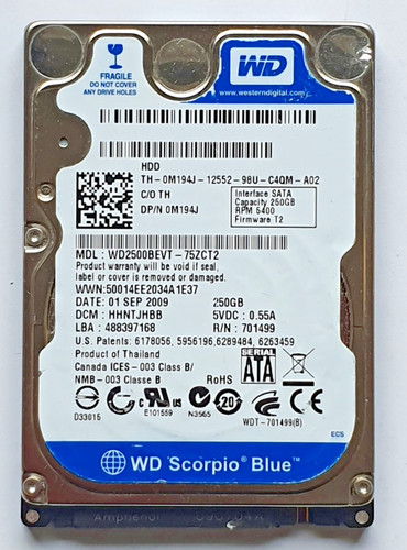 250 GB SATA Western Digital WD2500BEVT-75ZCT2 5400RPM 8MB HDD 2,5" Festplatte
