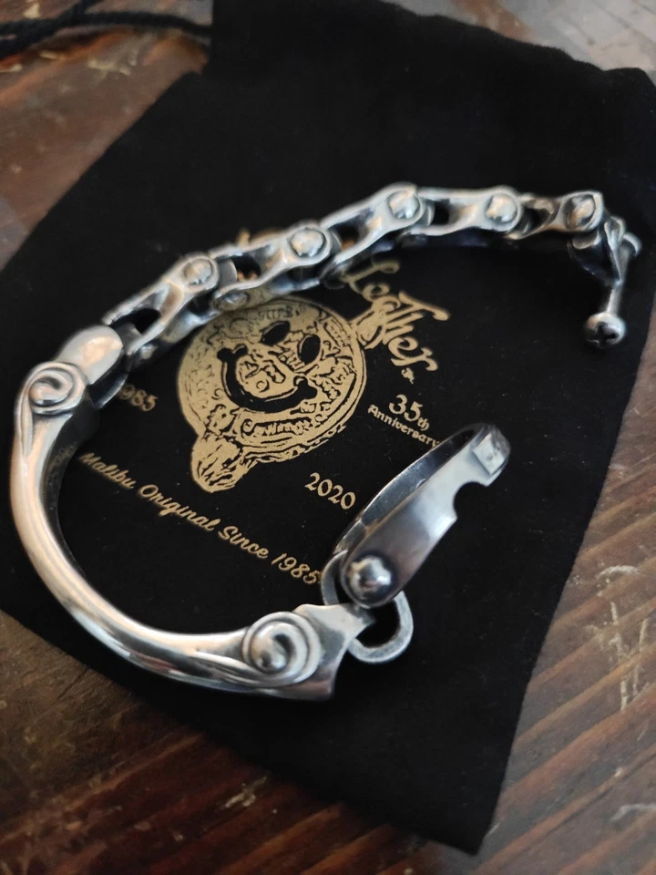 Brazalete de palanca de plata esterlina con eslabones de onda articulados en U de cuero de pared BWL Bill Foto 3 de 4