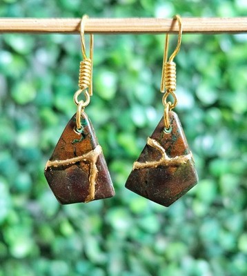 Chrysocolla Gems Earrings Pair Kintsugi Art Japanese Drop Dangle Handmade Gift
