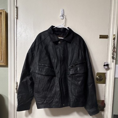 Global Identity Black Leather Bomber Jacket Men's Mid-Length Zipper Button Lined