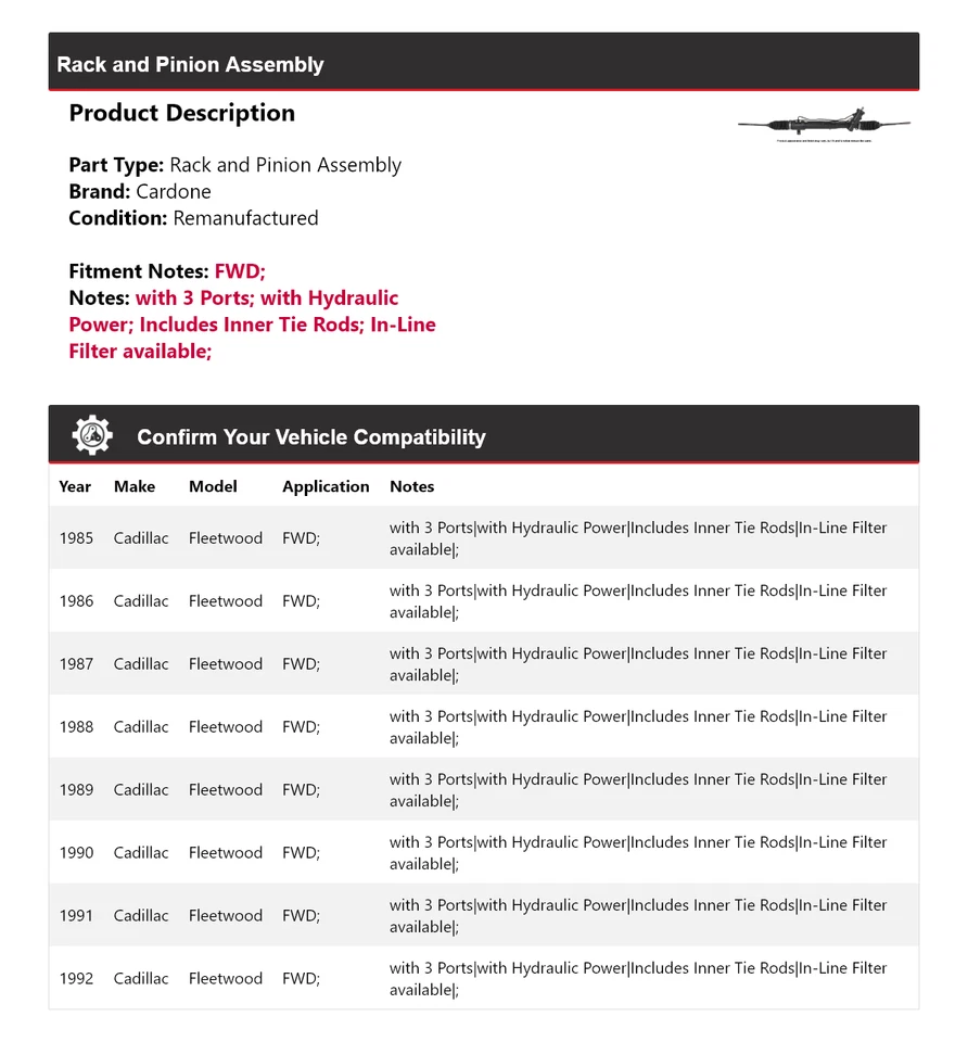 Для 1985-1992 Cadillac Fleetwood полный привод стойка и шестерня в сборе Cardone 1986 1987 - Изображение 2 из 4