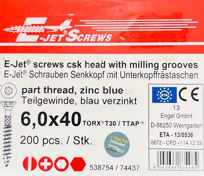 E-Jet Schrauben 6,0 x 40 Senkkopf Teilgewinde TORX T30 Blau Verzinkt VPE 200 Stü