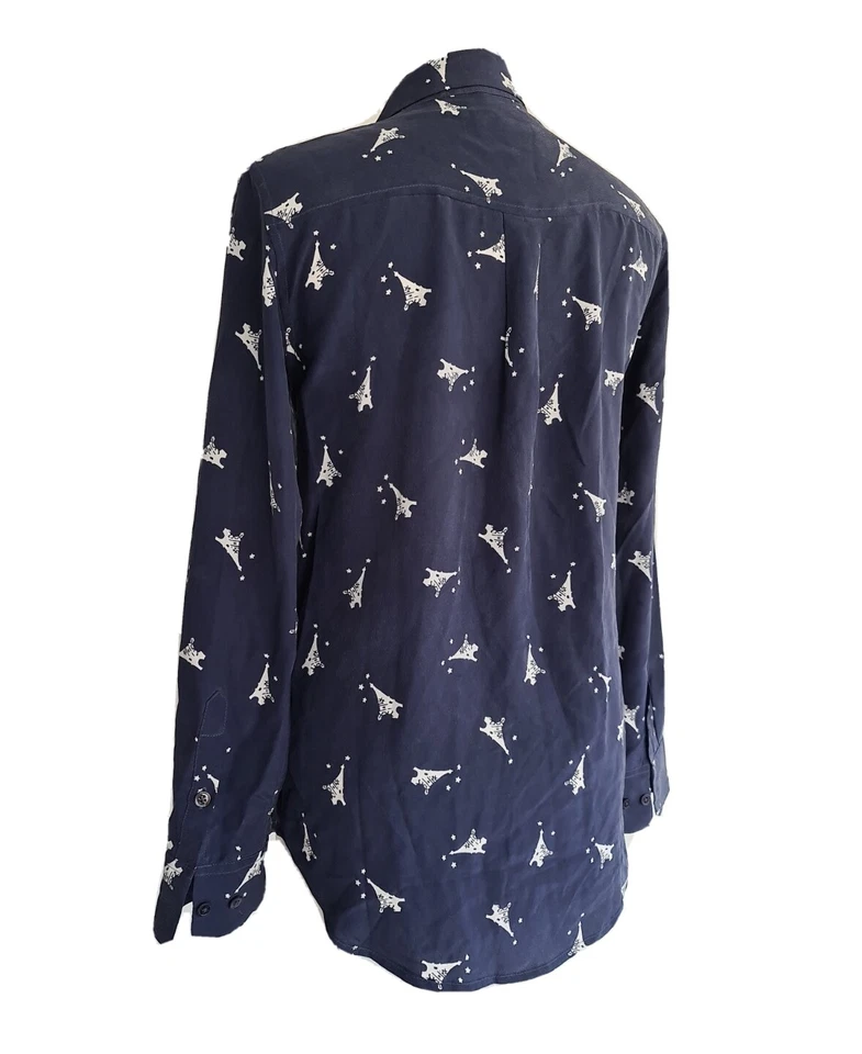Camisa Blusa Equipment Mujer Azul Marino Estampado Torre Eiffel 100% Seda. Talla XS. Foto 4 de 4