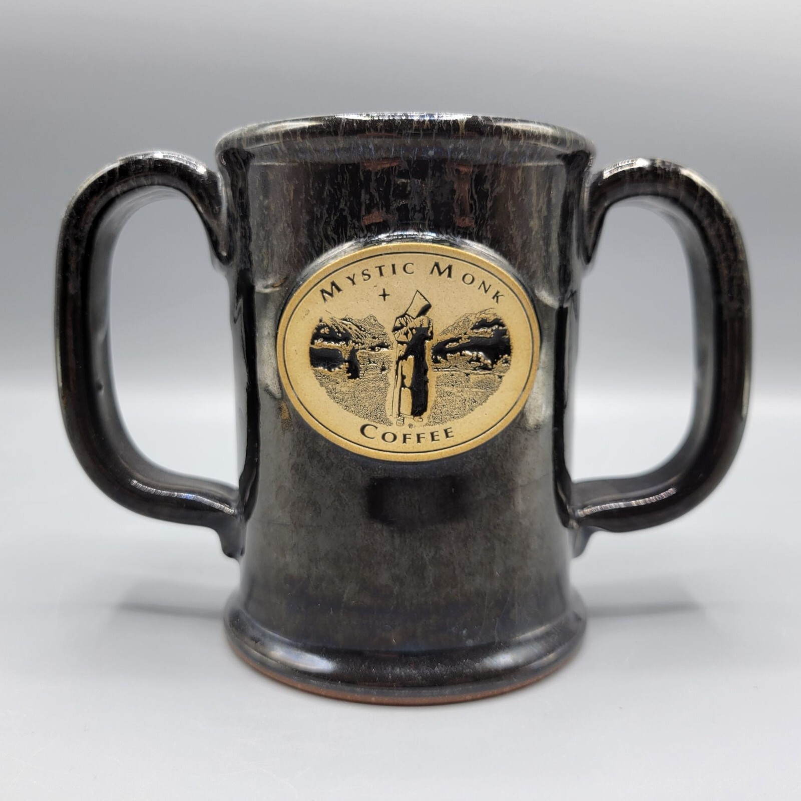 Sunset Hill Stoneware Mystic Monk Coffee Tea Mug Cup Dual Handles Black Drip