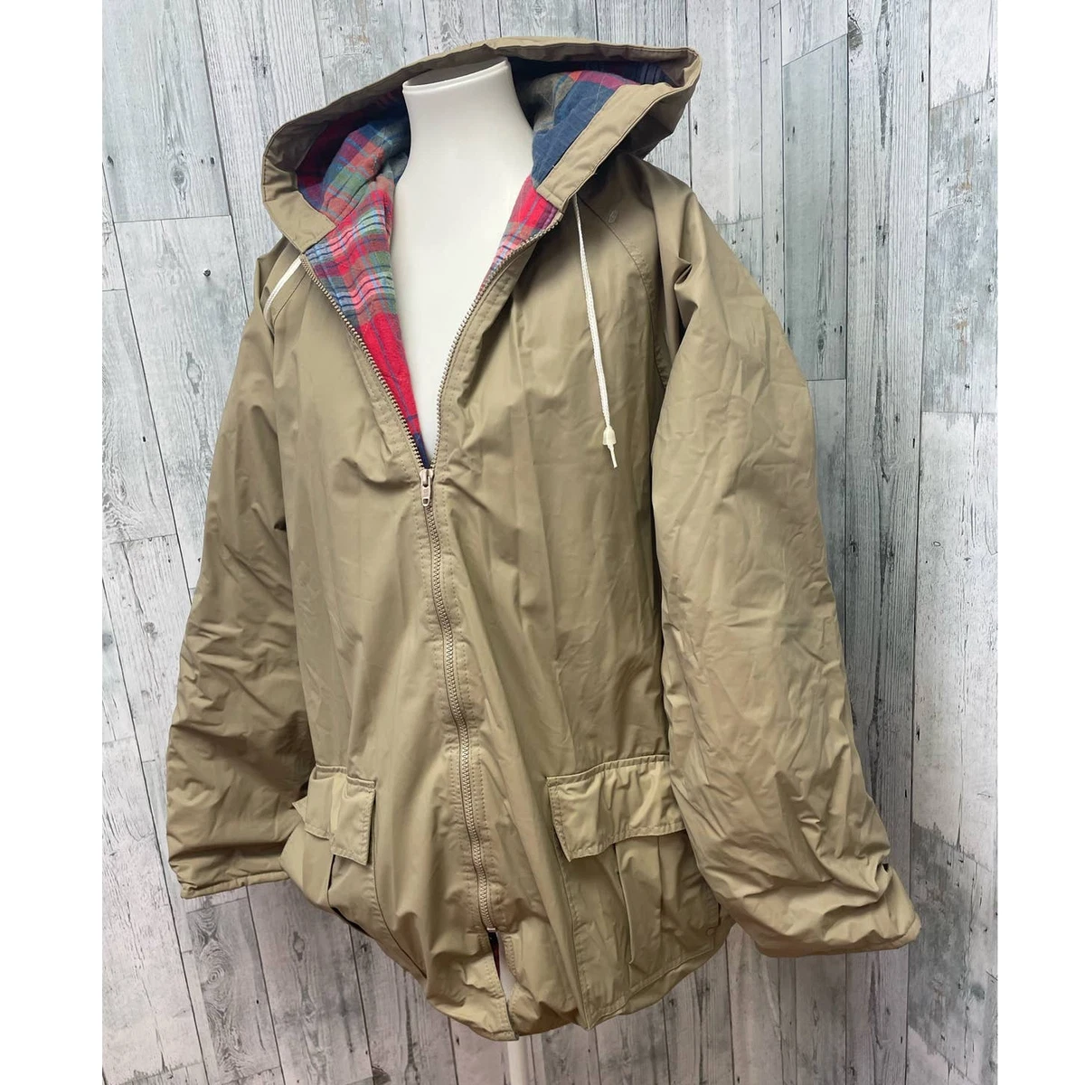 Sailmakers Outerwear Mens XL Plaid Flannel Lined Hooded Full Zip Raincoat