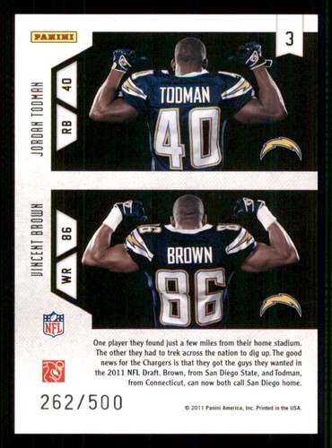2011 Rookies and Stars Rookies Combos Gold #3 Jordan Todman/Vincent Brown /500 - Picture 2 of 2