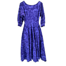 VTG Laura Ashley Midi Dress SZ 8 Purple Rose 3/4 Balloon Sleeve Button Country