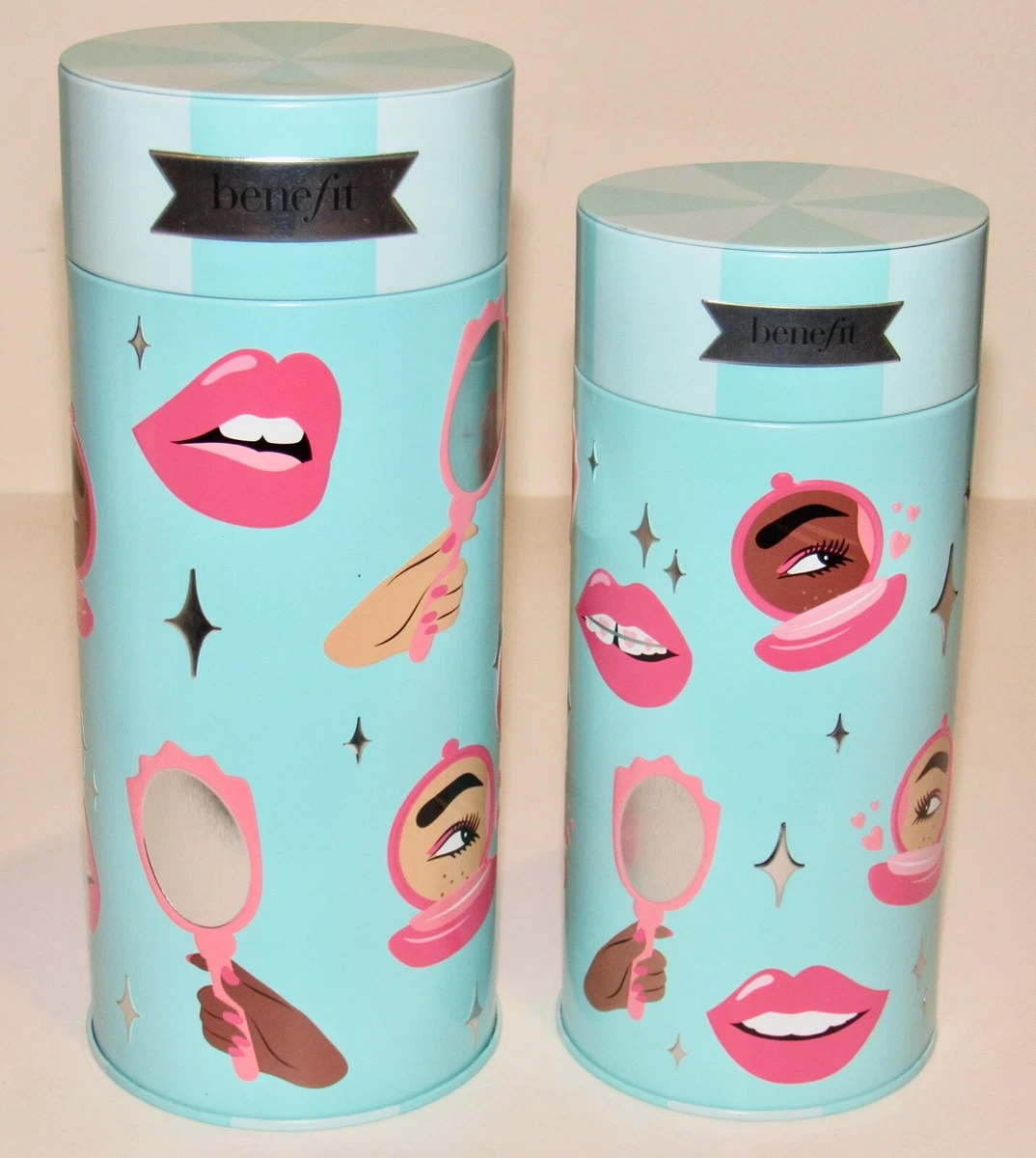 2 Benefit Cosmetics Blue Metal Gift Tin Lips Makeup Cosmetic Round