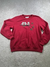Rebecca Malone Sweatshirt Womens Petite Medium Red Owls Holly Crewneck Pullover