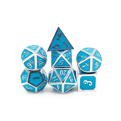 Glowing Metal Blue 7 Dice Set RPG DnD Dungeons Dragons Pathfinder d20 AD&D D&D