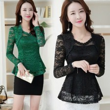 Women Lace Hollow Out Ruffle Shirts Slim Floral Peplum Long Sleeve Blouse Tops