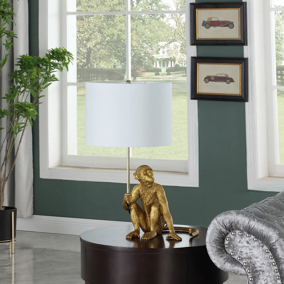 26" Antiqued Gold Sitting Monkey Table Lamp With White - Image 4 of 4