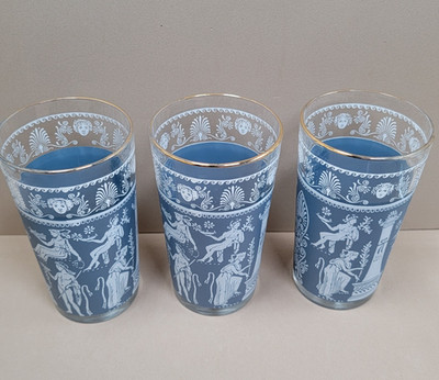 Vintage Greek Key Tumblers Set of 3 Cameo Design Gold Rim Libbey Style MCM