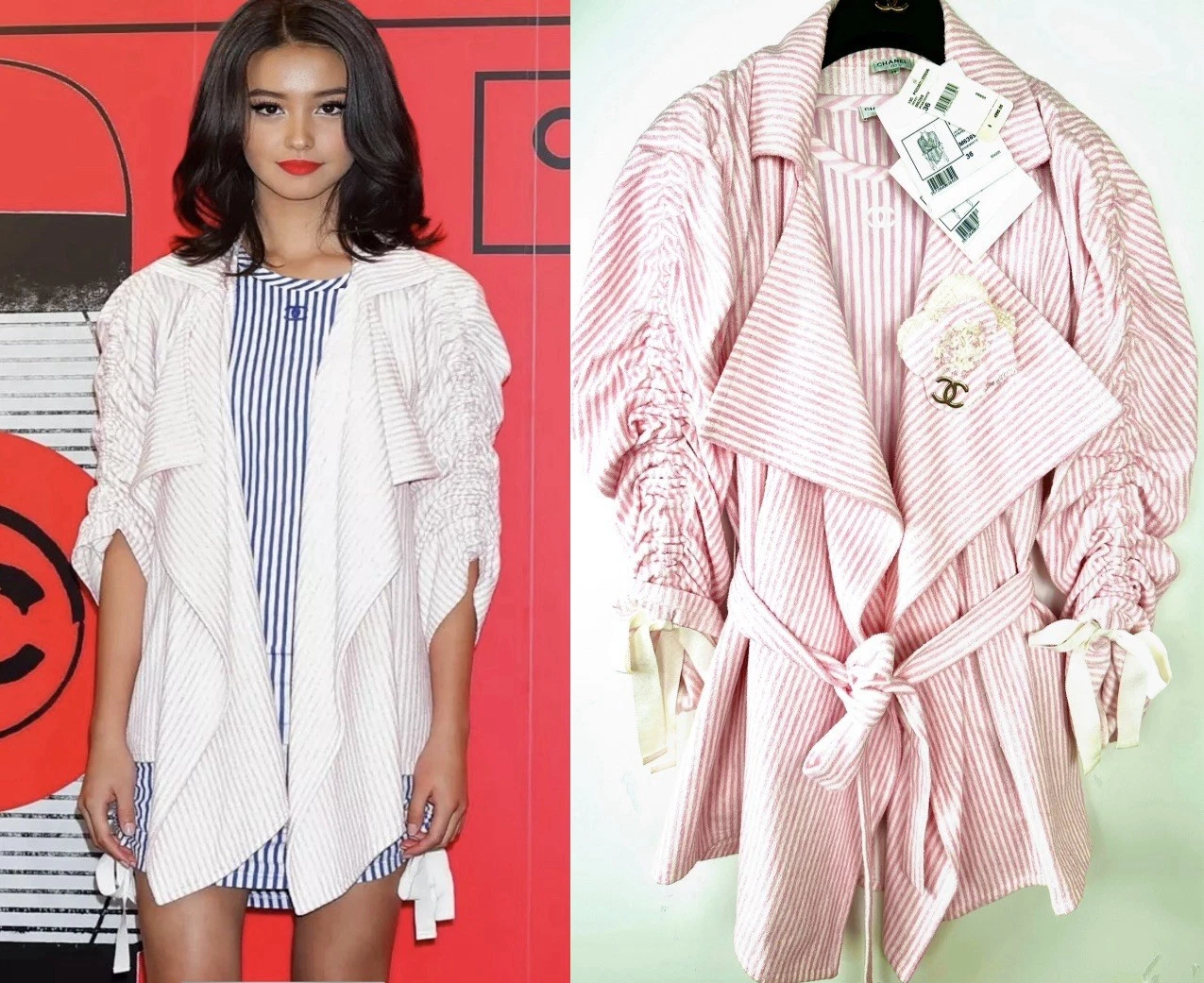 Giacca tweed Chanel 2019 La Pausa rosa bianco 34 36 38 40 2 4 6 8 cappotto cintura S M