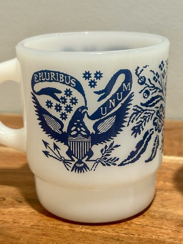 2 Vintage Fire King E Pluribus Unum USA Coffee Mug Anchor Hocking Milk Glass - Picture 2 of 6