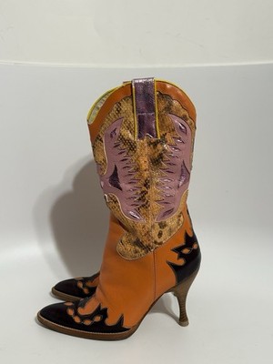 Vtg Dolce & Gabbana D&G Orange Snakeskin Leather Cowboy Boots 35
