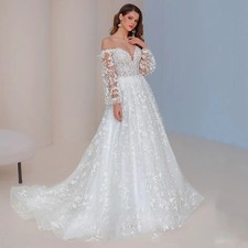 Lace Wedding Dresses Puff Sleeves V Neck Tulle Applique Bride Gowns Sweep Train