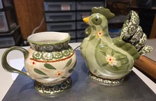 Temptations By Tara Old World Green Chicken Hen Measuring Set and Cream Pitcher
