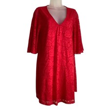 Francescas Red Floral Lace Bell Sleeve V-Neck Shift Dress L50006 Womens Medium