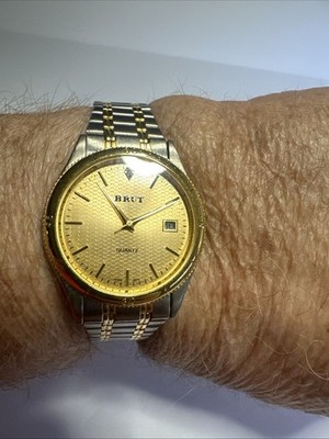 Brut VTG Mens Quartz Watch Gold Face Japan Two Tone Adjustable Bracelet PC32A