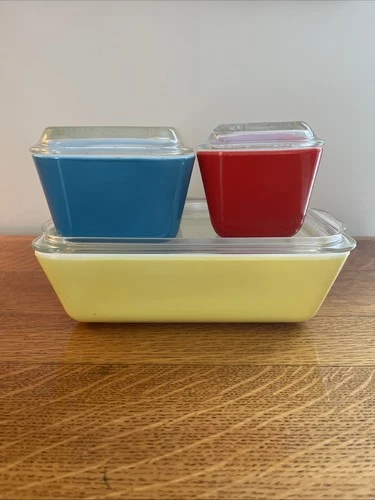 Vintage Pyrex Primary Colors Refrigerator Dish Set Red Yellow Blue 501 502 503