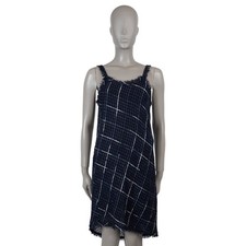 73603 auth CHANEL blue cotton 17P FRINGE TRIM TWEED MINI Dress 40 M