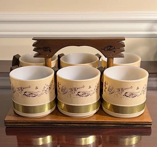 Set of 6 Vintage Siesta Ware Western  Mugs  in Original Wooden Holder  MCM Theme