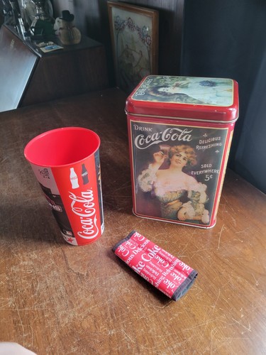Vintage Coca-Cola Lot- Tin Canister, Tall Cup, Duffle Bag Handle Wrap