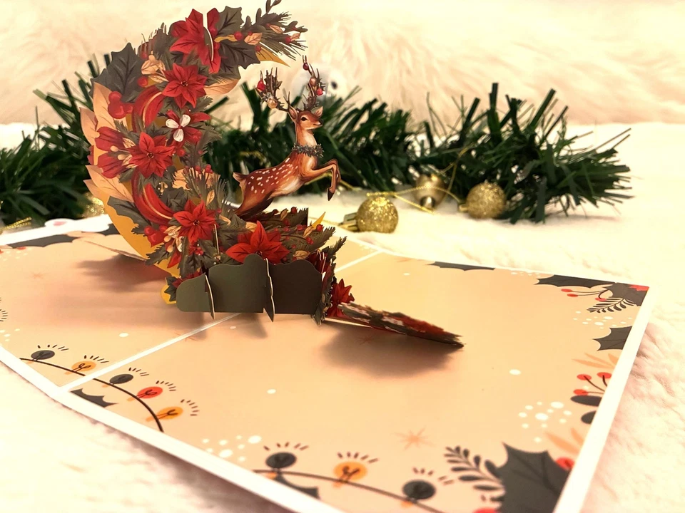 Beautiful 3D Pop Up Christmas Reindeer with Poinsettia Greeting Card Xmas - Image 3 of 4