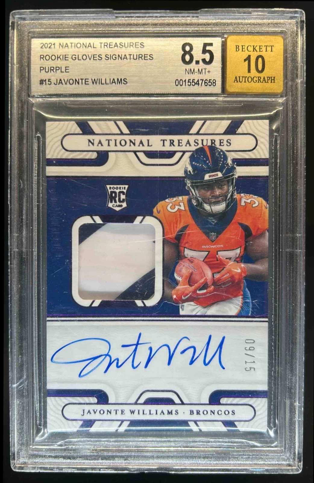 Javonte Williams Panini National Treasures Rookie Gloves Signatures #JAW Purple