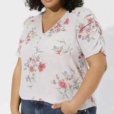 Torrid Harper Gray Floral Georgette V Neck Ruched Sleeve Blouse Size 3X