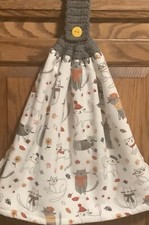 Double hanging kitchen towel Fall cats crocheted gray top
